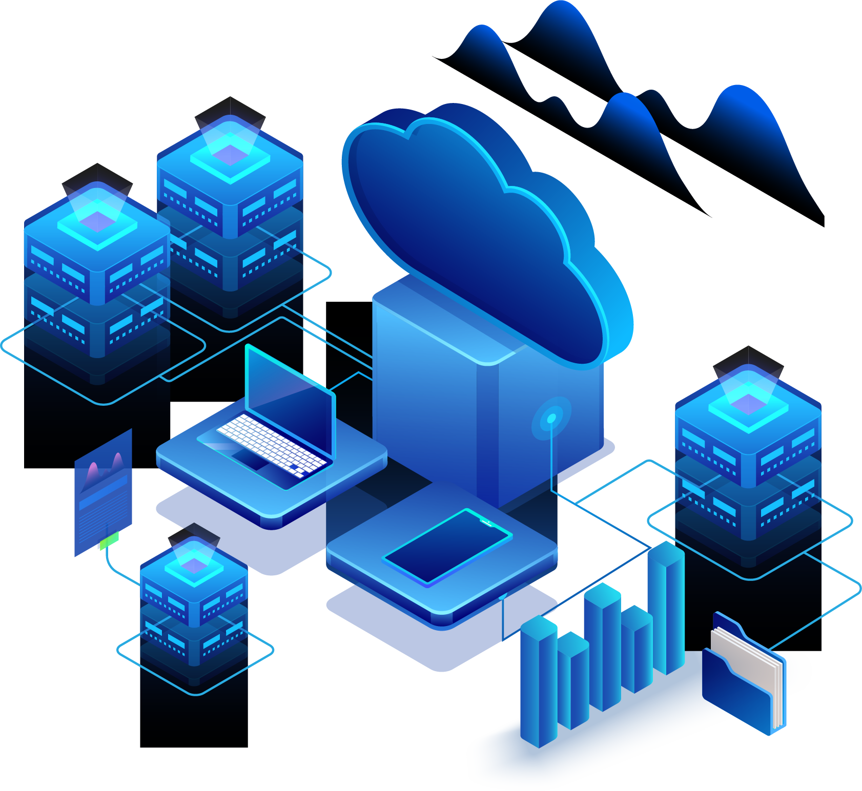 Ilustracao isometrica de infraestrutura cloud
